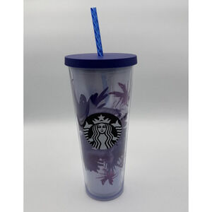 Starbucks Cold Cup Tumbler Purple Lavender Watercolor Flower Floral w/ Straw